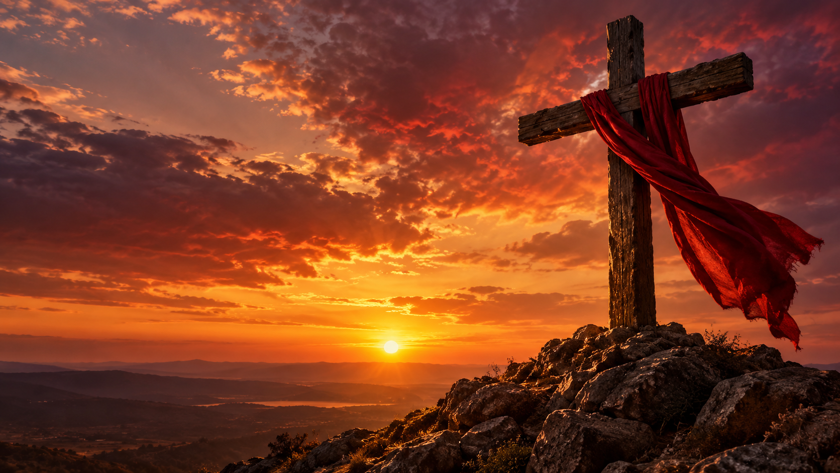 Cruz com manto vermelho ao pôr do sol — símbolo do sacrifício de Jesus Cristo